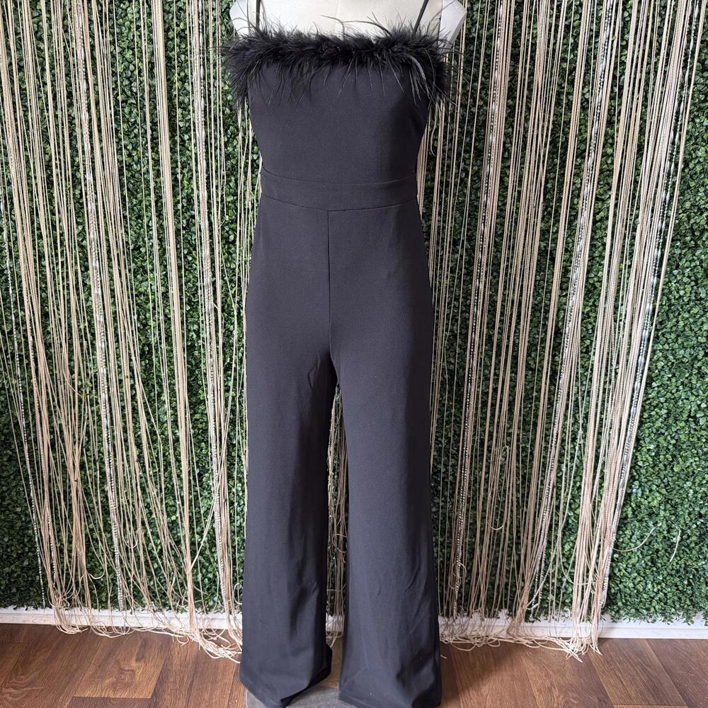 Chic Black Spaghetti strap Jumpsuit with faux Feather Trim